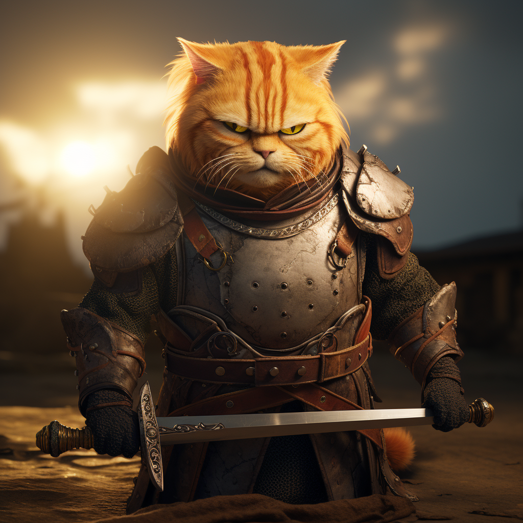 Garfield portrayed as a Witcher with a sword in a cinematic AI render