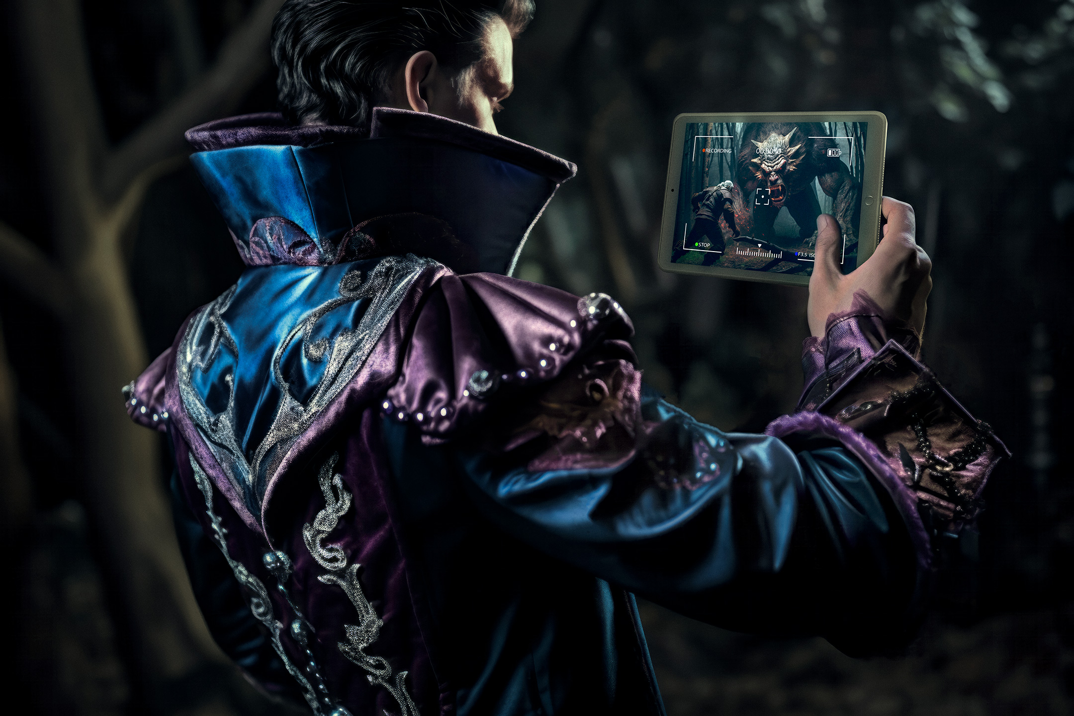 AI-generated scene showing Jaskier recording the Witcher’s battle with a monster using a tablet