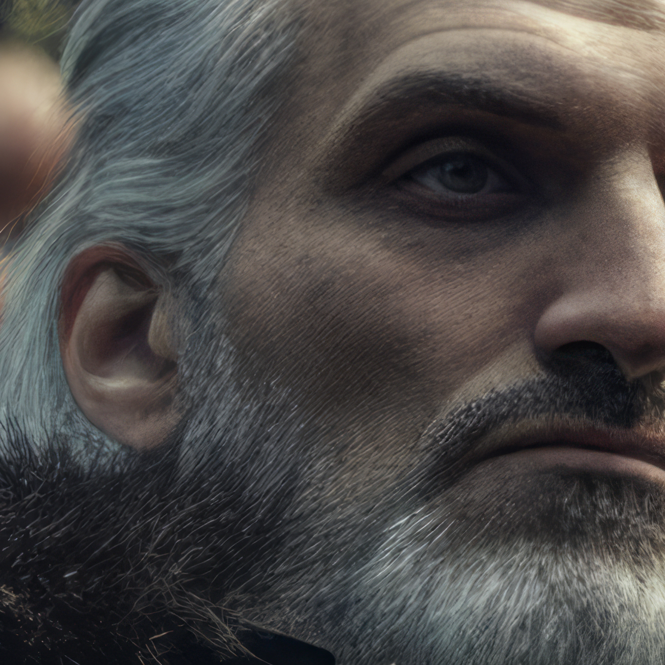 Close-up of the Witcher’s face in an AI-generated render, upscaled image