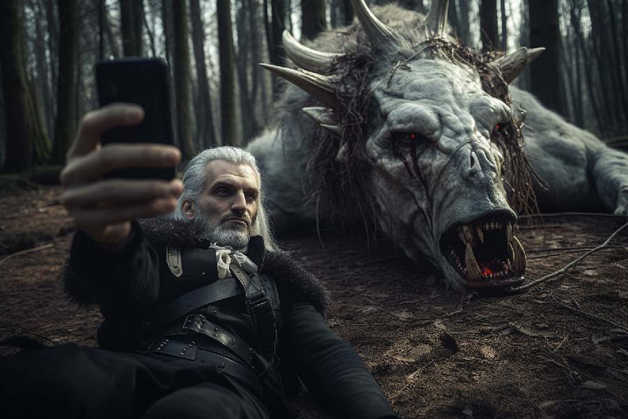 AI-generated draft of the Witcher taking a selfie with a monster, used to create the final version