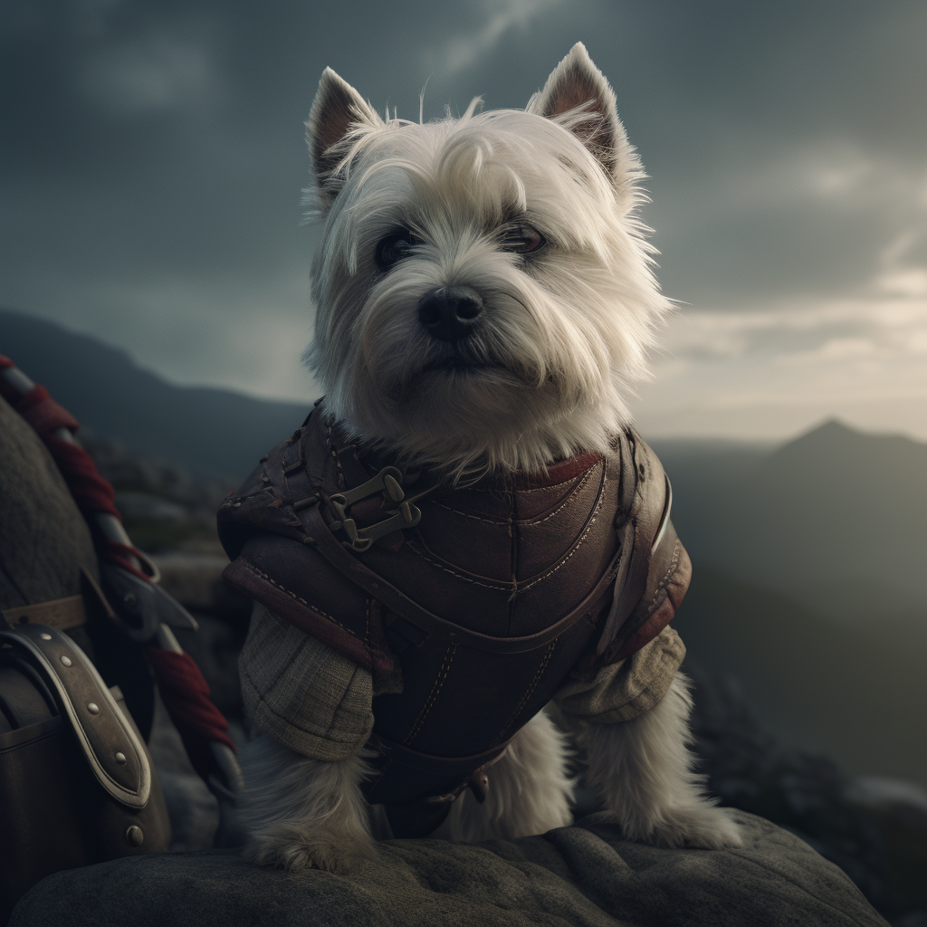 West Highland Terrier as a Witcher in a cinematic AI render
