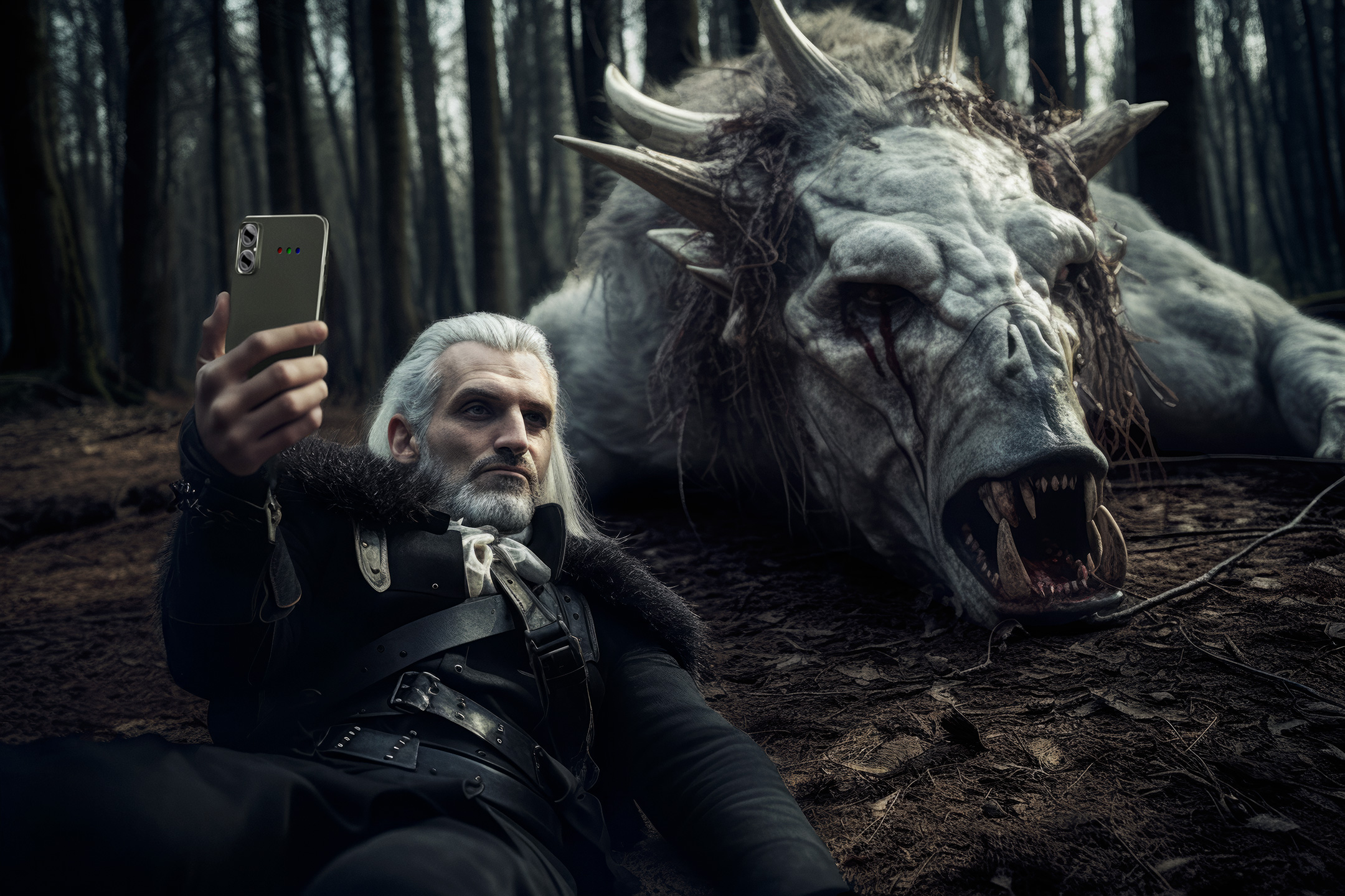Wiedźmin robiący selfie smartfonem po walce z potworem, połączenie renderu 3D i grafiki wygenerowanej przez AI