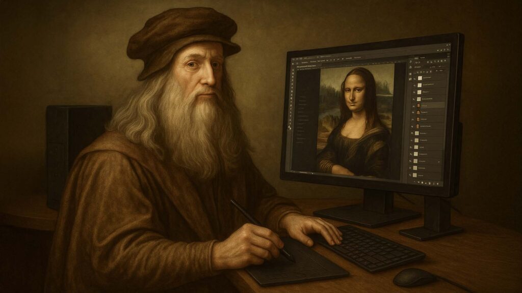 Leonardo da Vinci wykonuje retusz w Photoshopie na portrecie Mony Lisy.