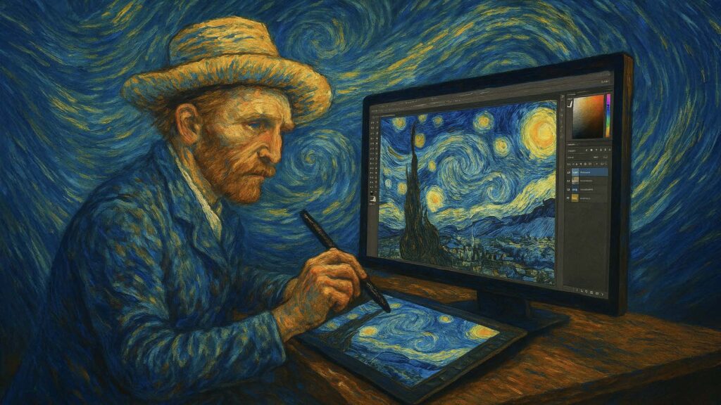 Vincent van Gogh edytuje „Gwieździstą noc” w Photoshopie.